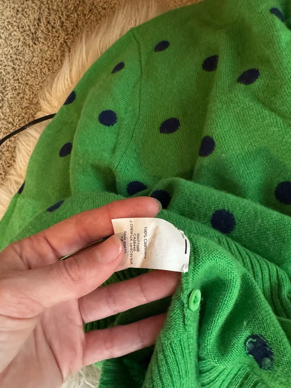 J. Crew Green Crewneck Sweater with Navy Polka Dots